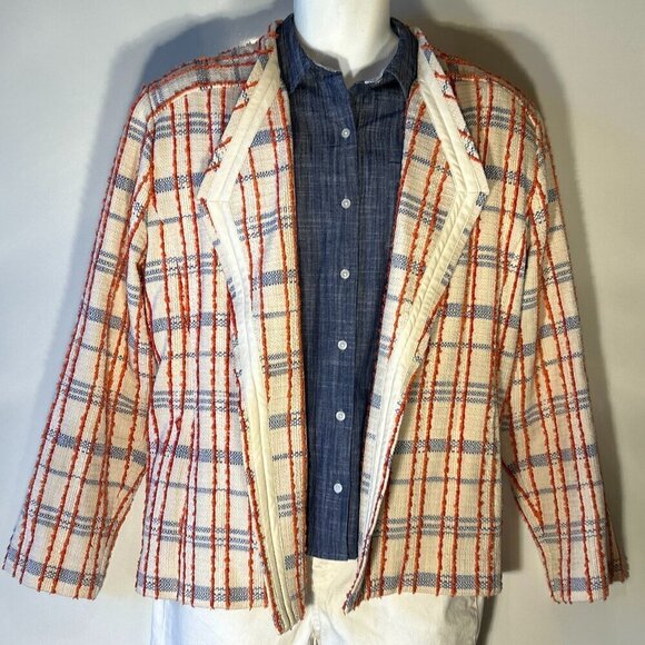 Chico's 3/XL Orange & Blue Plaid Tweed Wrap Jacket Office Cottage Preppy Ranch - Picture 2 of 11